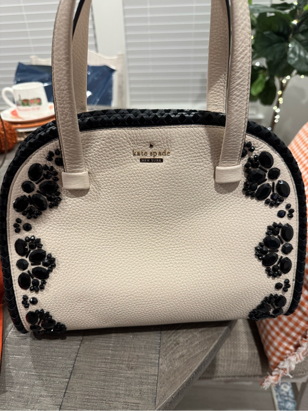 kate spade Cream Pebbled Leather Dome Satchel with Black Gem Accents